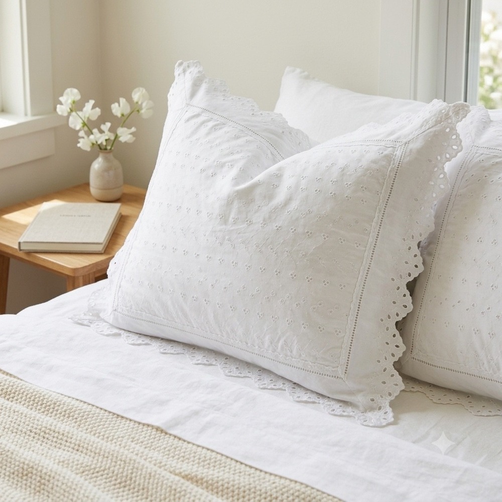 Vintage Croscill White Eyelet Lace Pillow Sham  Scalloped Flange Made in USA